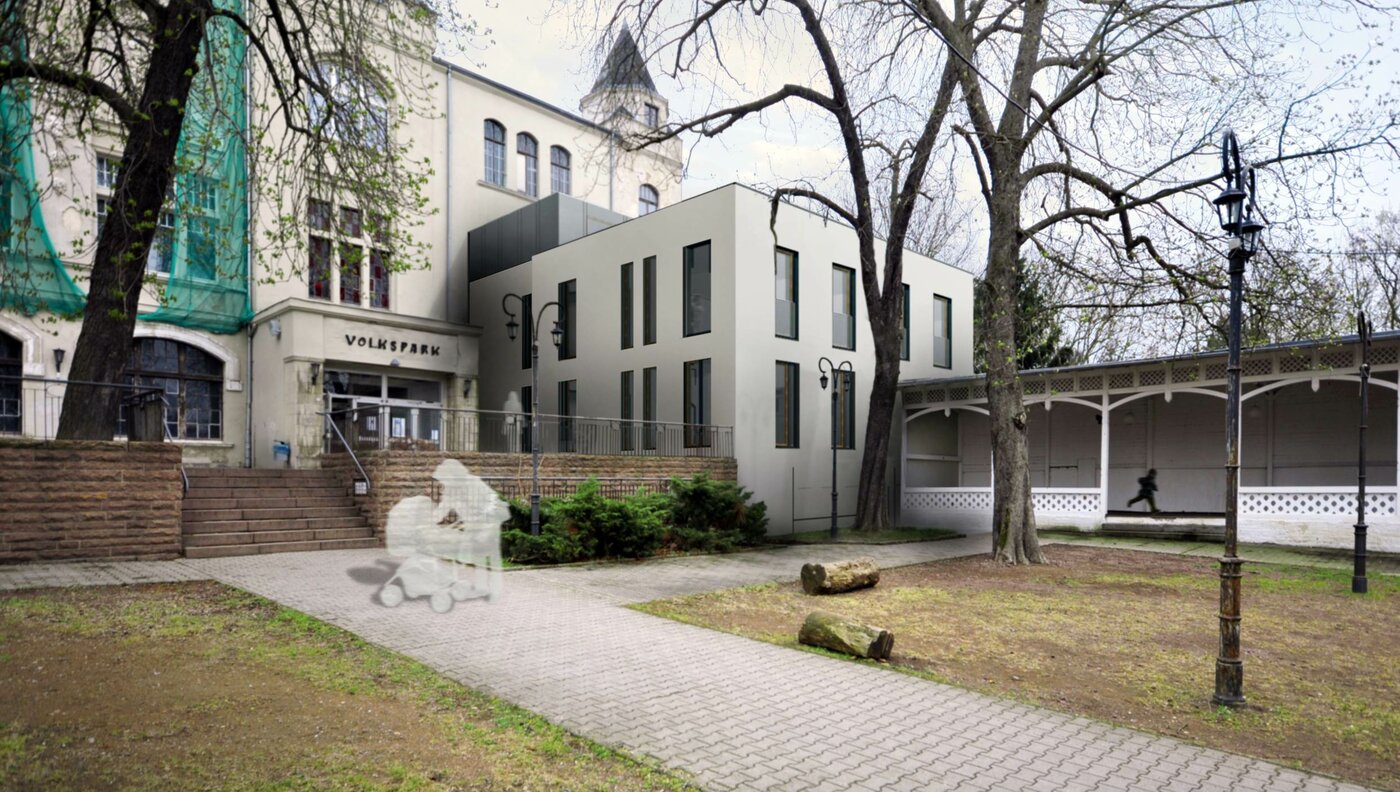 Perspektivische Darstellung für die geplante, im Rohbau befindliche Kindertagesstätte im Volkspark. Foto/Grafik: Guido Großmann