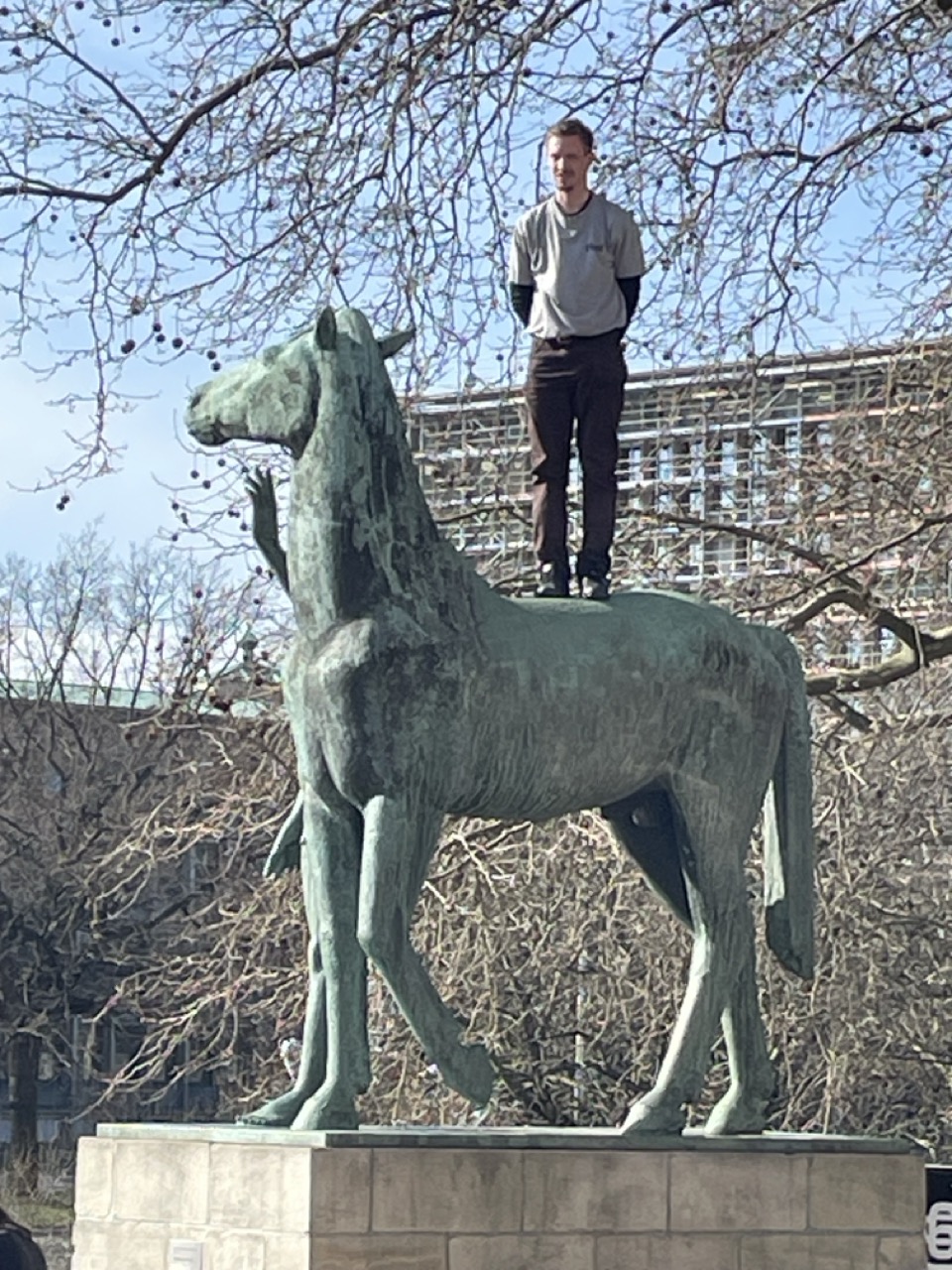 Die Personen, die um mich in der Sonne sitzen und spazieren gehen schauen mich irritiert bis verständnislos an. Hermann Scheuernstuhl, „Mann mit Pferd“, Am Hohen Ufer, Hannover, 2024, Foto: Nik Haberstock